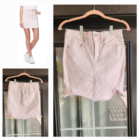 Good American The Bombshell‎ Frayed Side Slit Denim Mini Skirt Pink  Stretch - Picture 1 of 2